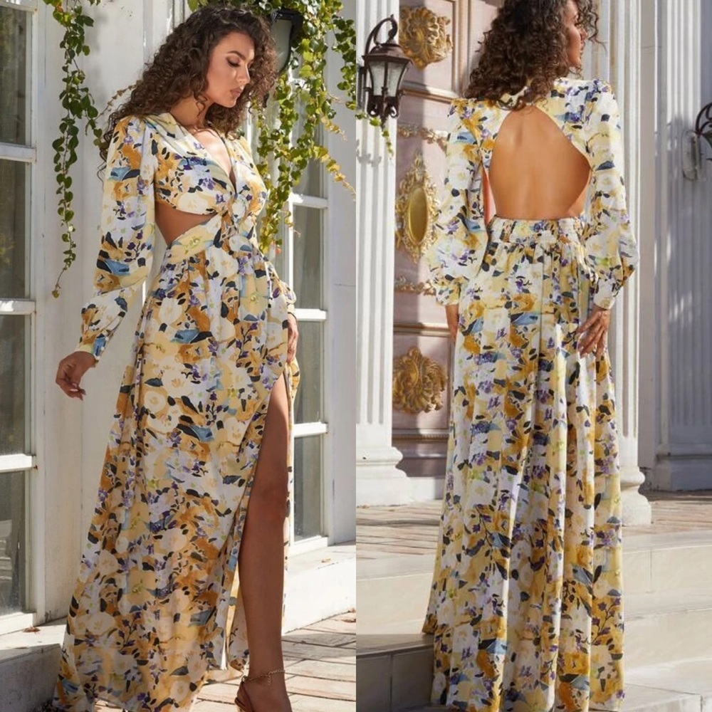 Yellow Floral Open Back Maxi Dress